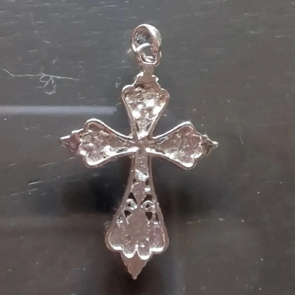 Trinity Filigree Cross Pendant with Rhinestones Silvertone (No Chain) - Picture 2 of 5